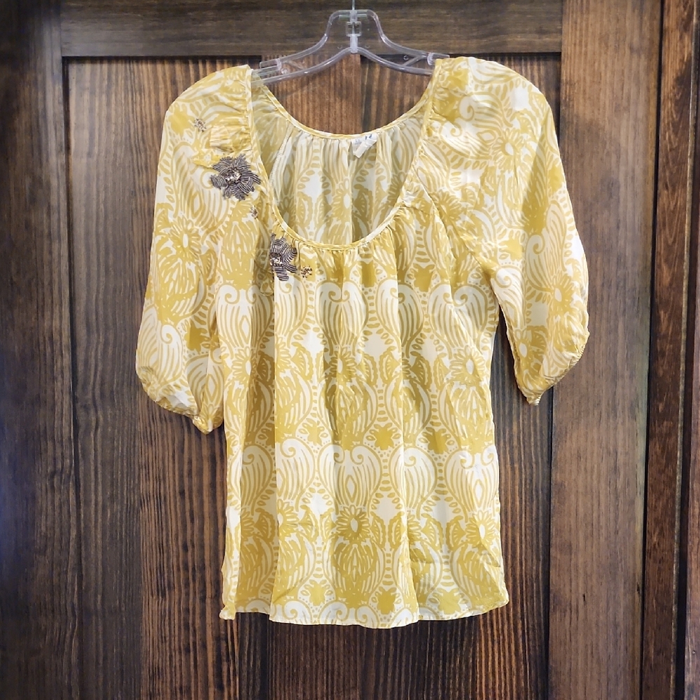 Anthropologie Yellow and Cream Blouse Size 8